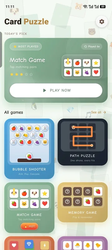 A Card Puzzle kezdőképernyője a választható feladványokkal.